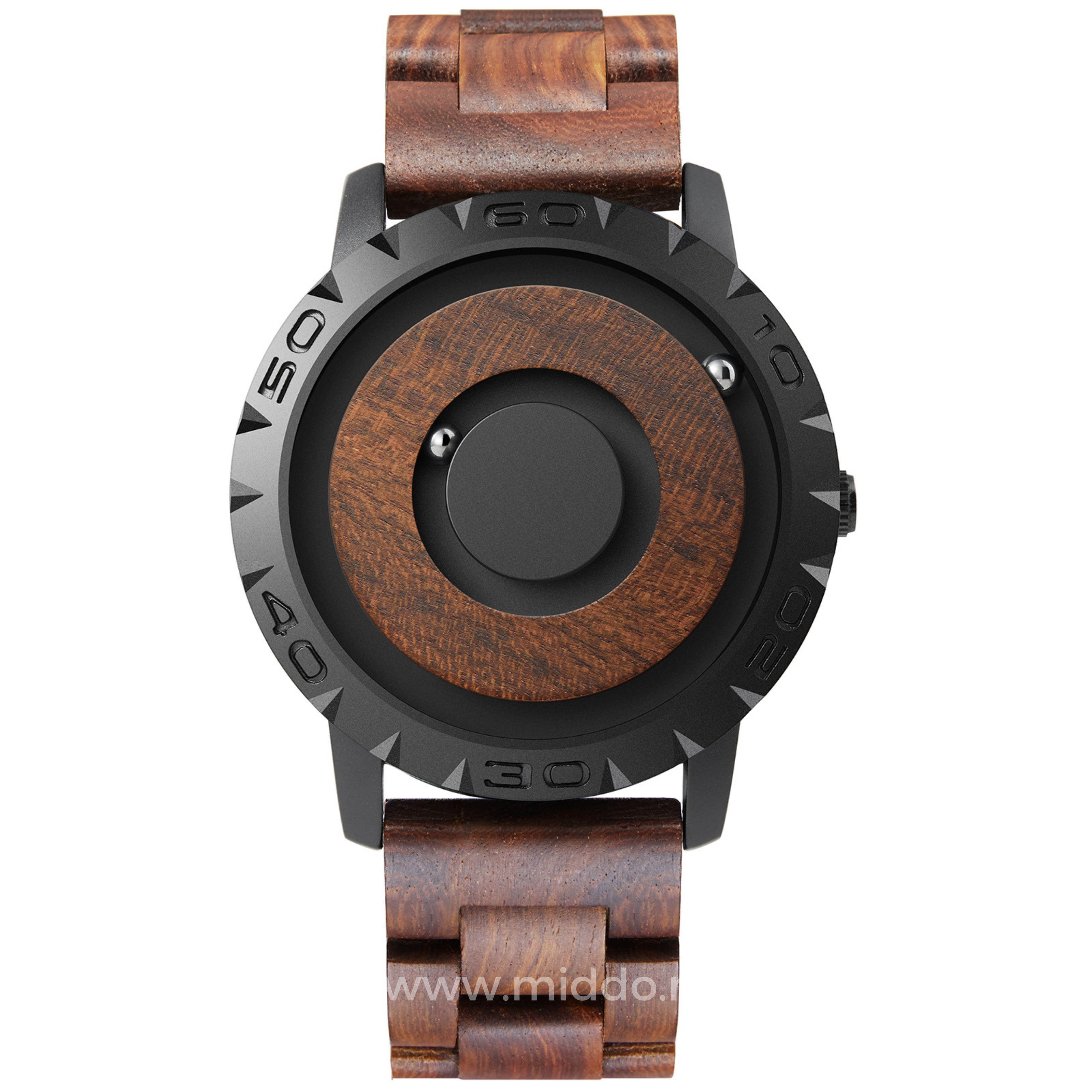 Schwarze Magnetique Uhr mit Holz-Zifferblatt und Holz-Armband