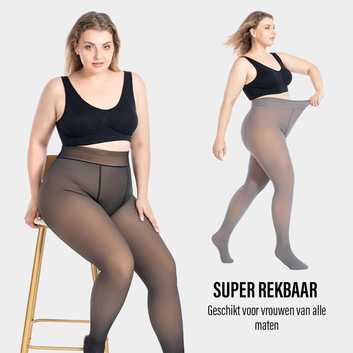 Plus-Size-Frau trägt super dehnbare Fleece-Strumpfhose