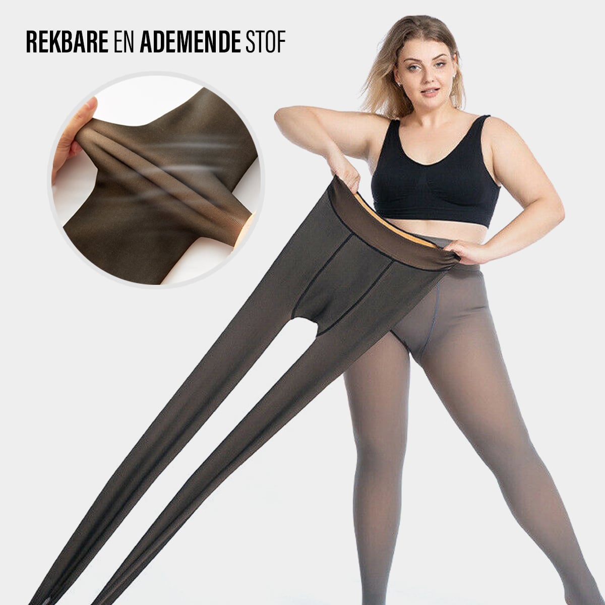 Das Modell zeigt den dehnbaren und atmungsaktiven Stoff der Middo Fleece Strumpfhose.