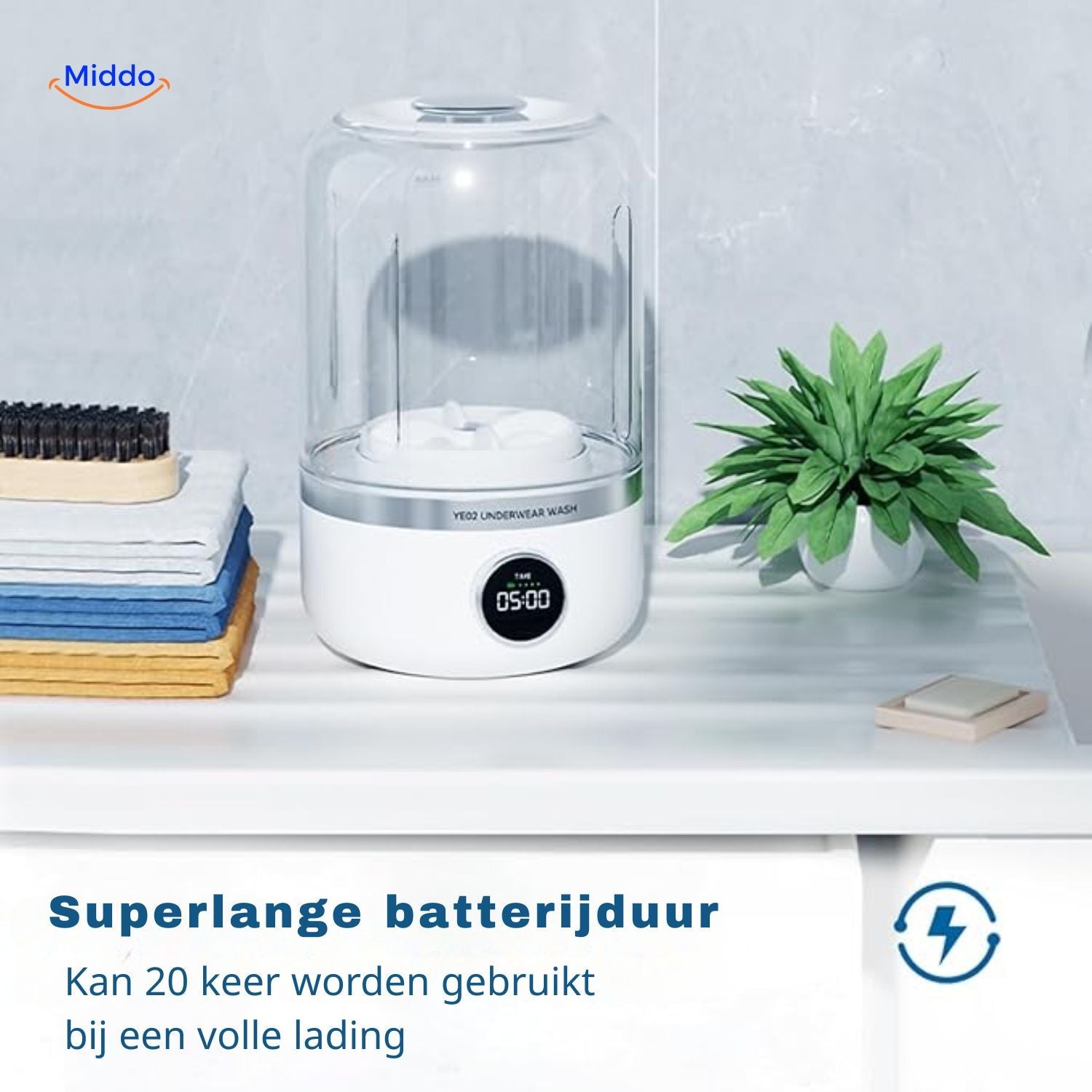 MiniWash Pro lange Akkulaufzeit und Waschwiederholungen www.middo.nl