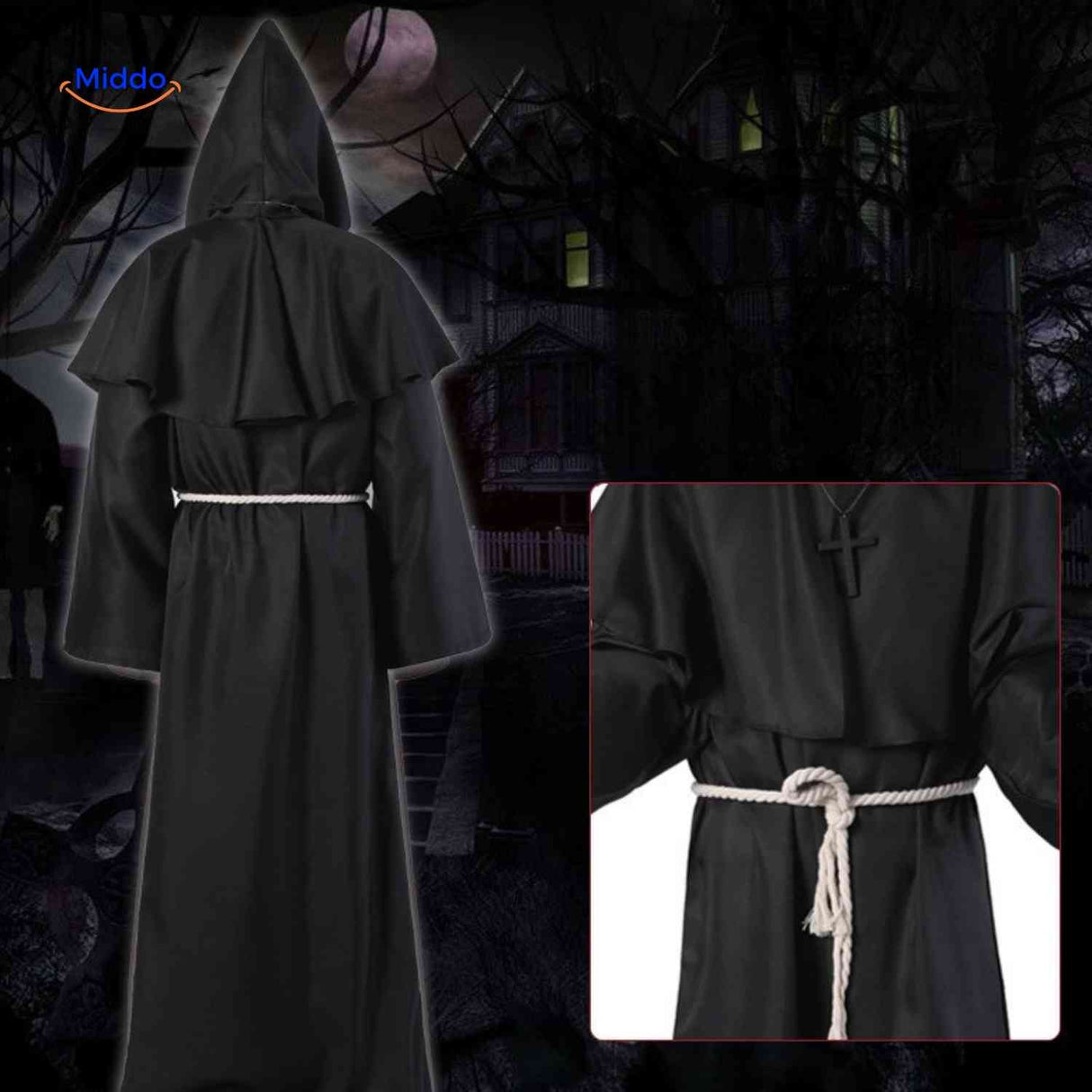 Monkara Kostüm - schwarzes Kapuzen-Priesterkostüm