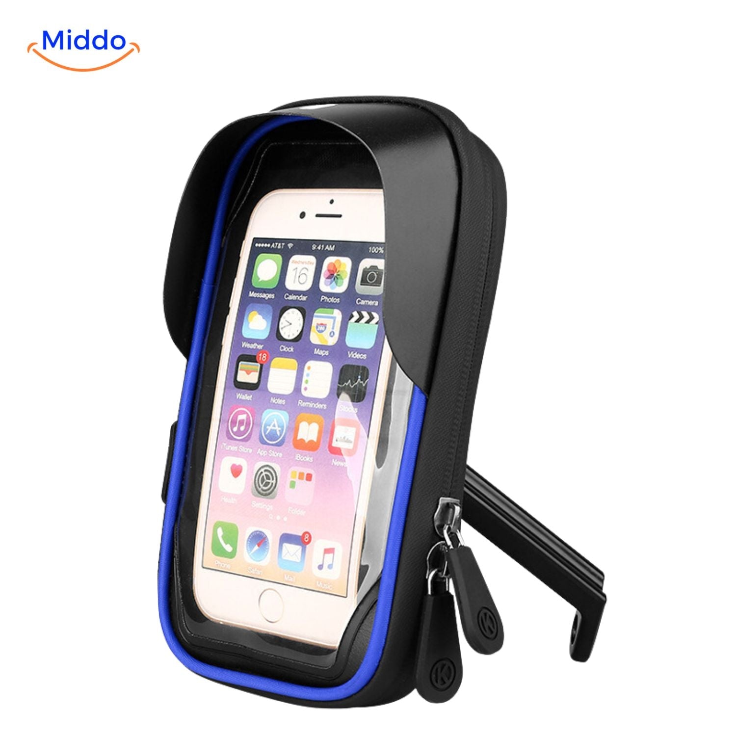 MotoGrip Halterung Smartphone Hülle mit blauer Oberfläche und Standfuß