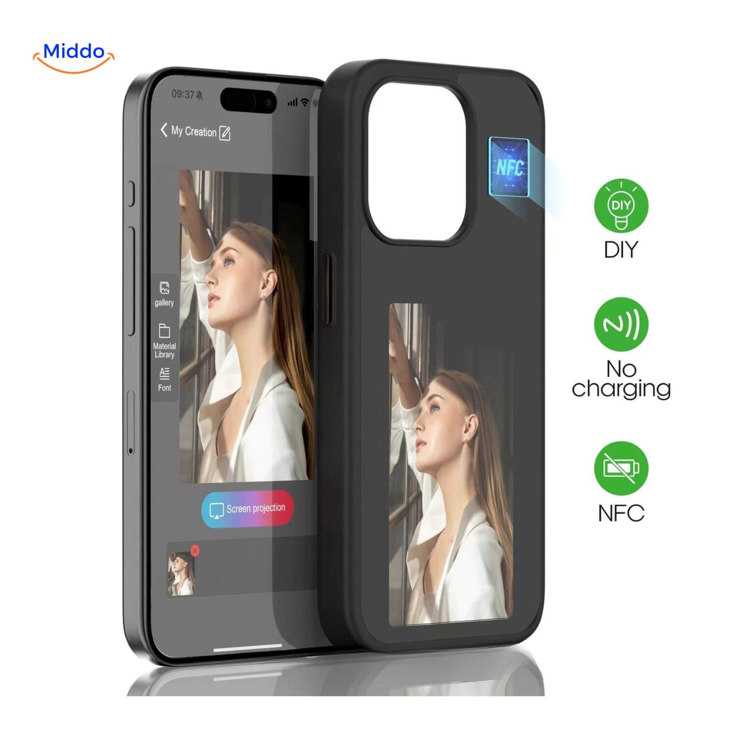 NFCScreen Case schwarz mit Bild einer Frau mit Bildern über die App www.middo.nl
