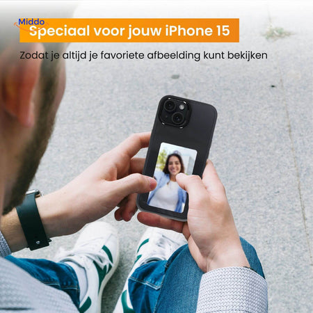 NFCScreen Case schwarz mit Foto einer Frau www.middo.nl
