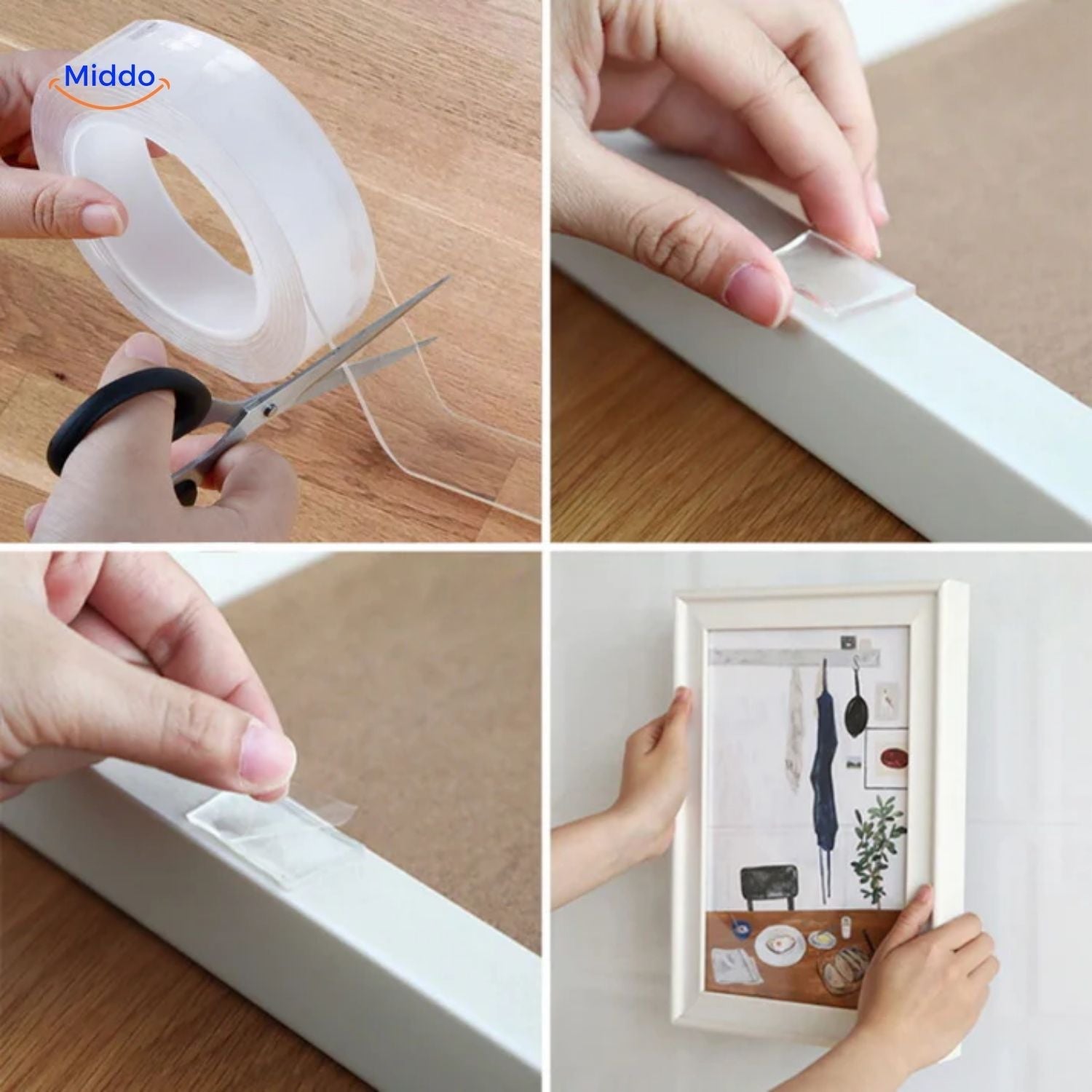 NanoGrip doppelseitiges Klebeband in Gebrauch für Wanddekoration www.middo.de