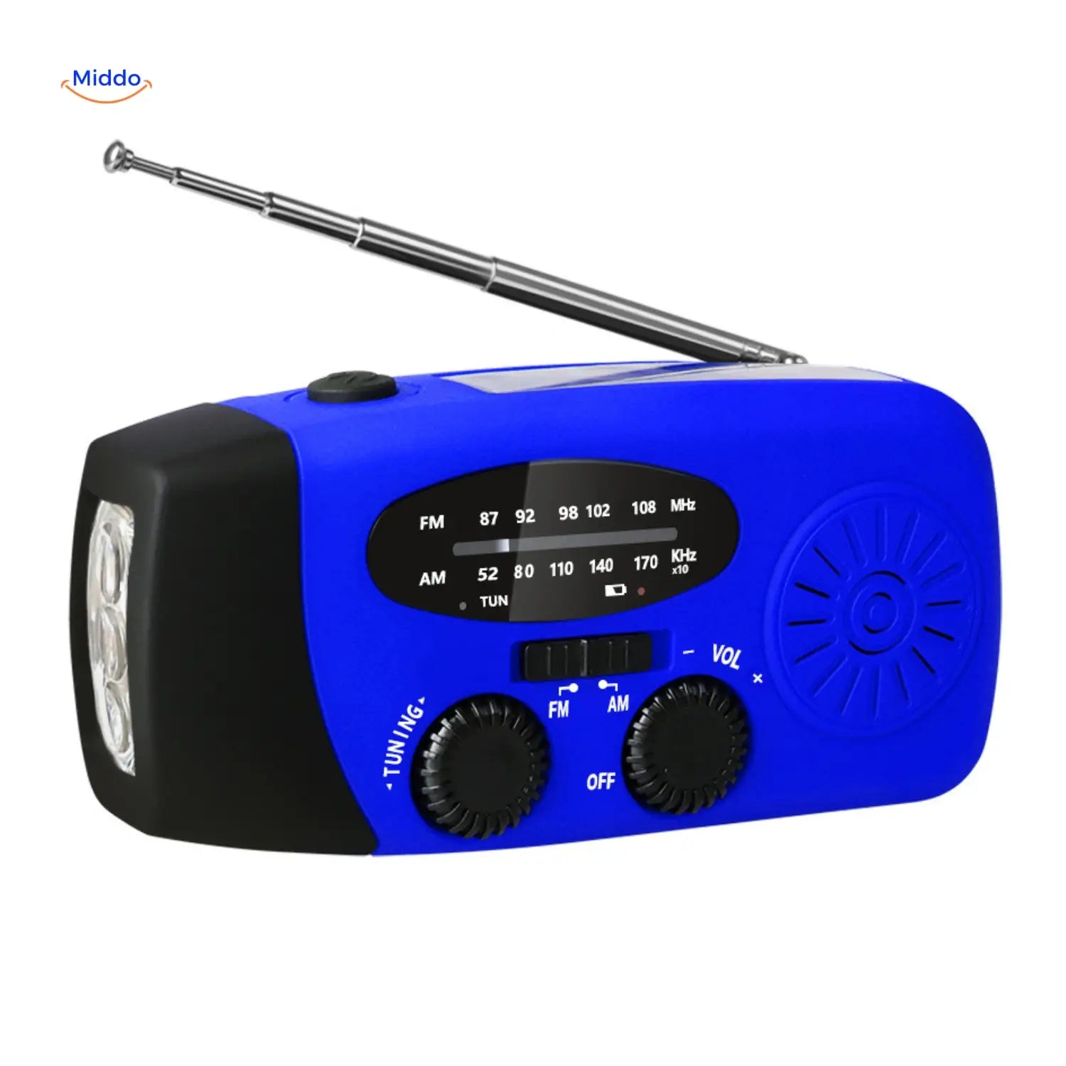 Blaue SolarPower Pro Notrundfunkgerät mit Taschenlampe und USB-Ladegerät – Handkurbel und Solarpanel
