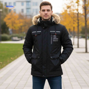 NordGuard beige isolierte Herrenparka mit Fellkragen und Utility-Taschen