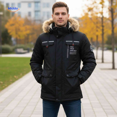 NordGuard beige isolierte Herrenparka mit Fellkragen und Utility-Taschen
