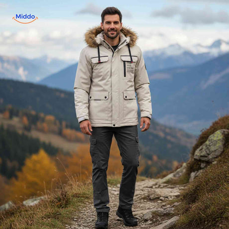 NordGuard beige isolierte Herren-Winterjacke mit Fellkragen und Utility-Taschen