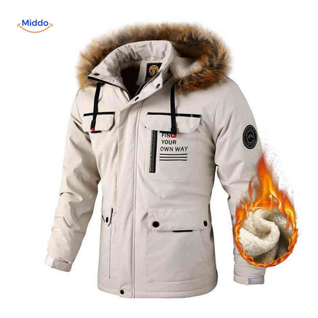NordGuard beige Thermo-Herrenparka mit Fellkragen und Futter