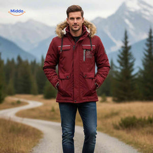 NordGuard bordeauxrote isolierte Herren-Winterjacke mit Kapuze und Pattentaschen