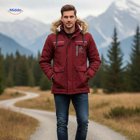 NordGuard bordeauxrote isolierte Herren-Winterjacke mit Kapuze und Pattentaschen
