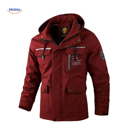 NordGuard bordeauxrote wasserdichte Herrenparka mit Kapuze und Pattentaschen