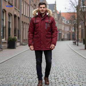NordGuard bordeauxrote wasserdichte Herren-Winterparka mit Fellkragen und Pattentaschen