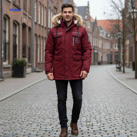 NordGuard bordeauxrote wasserdichte Herren-Winterparka mit Fellkragen und Pattentaschen