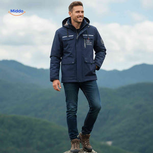 NordGuard dunkelblaue winddichte Herren-Outdoorjacke mit Kapuze und Pattentaschen