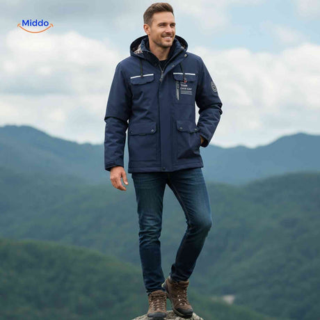 NordGuard dunkelblaue winddichte Herren-Outdoorjacke mit Kapuze und Pattentaschen