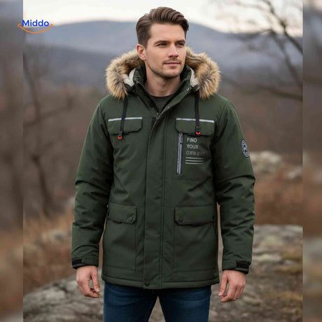 NordGuard dunkelgrüne Herren-Outdoorjacke mit Fellkragen und Eingrifftaschen