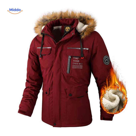 NordGuard dunkelrote isolierte Herrenparka mit Fellkragen und Brustprint
