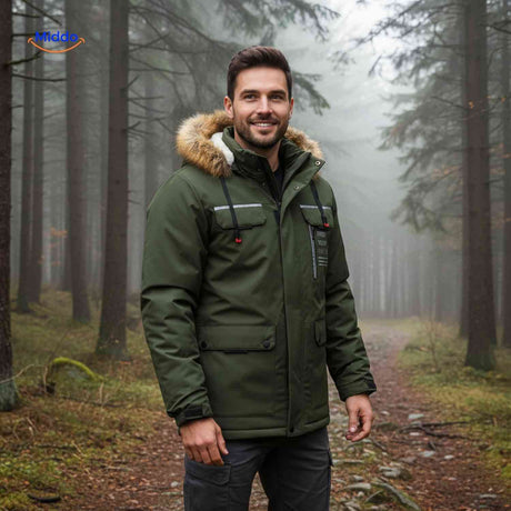 NordGuard grüne isolierte Herrenparka mit Fellkragen und Eingrifftaschen