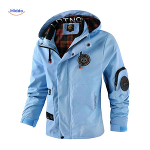NordGuard hellblaue wasserabweisende Herren-Outdoorjacke mit Kapuze und Reißverschlusstaschen