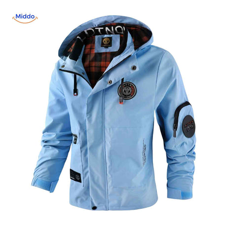 NordGuard hellblaue wasserabweisende Herren-Outdoorjacke mit Kapuze und Reißverschlusstaschen