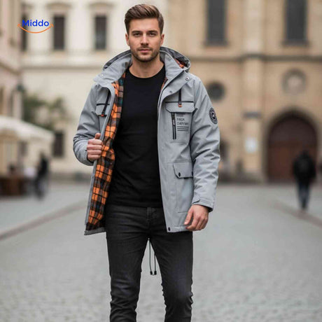 NordGuard hellgraue wasserabweisende Herrenjacke mit Kapuze und Reißverschluss