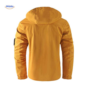 NordGuard ockergelbe wasserdichte Herren-Outdoorjacke mit Kapuze und Ärmeldetail