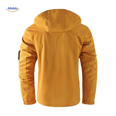 NordGuard ockergelbe wasserdichte Herren-Outdoorjacke mit Kapuze und Ärmeldetail