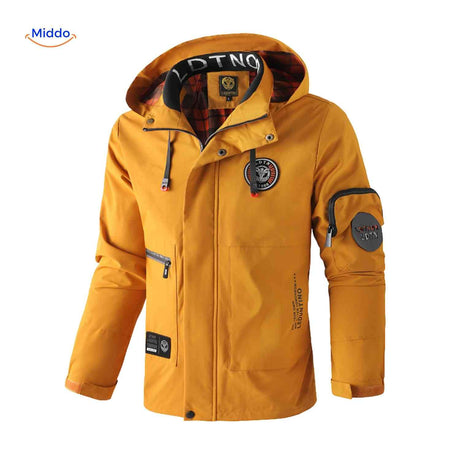 NordGuard ockergelbe winddichte Herren-Winterjacke mit Kapuze und Brustemblem