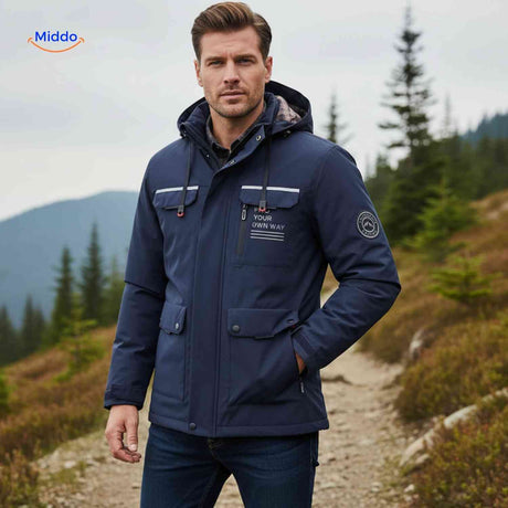 NordGuard olivgrüne isolierte Herren-Winterjacke mit Fellkragen und Brusttasche