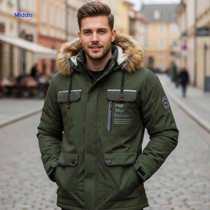 NordGuard olivgrüne wasserdichte Herrenparka mit Fellkragen und Brusttasche