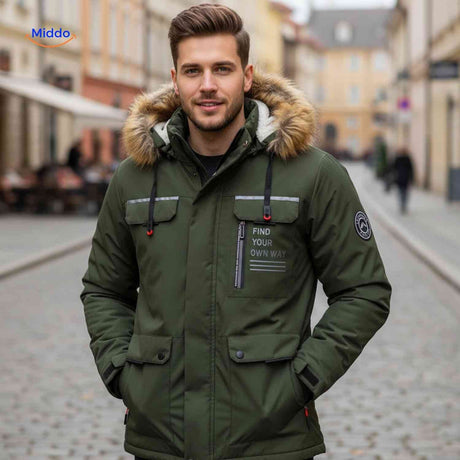 NordGuard olivgrüne wasserdichte Herrenparka mit Fellkragen und Brusttasche