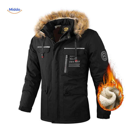 NordGuard schwarze Thermo-Herren-Winterjacke mit Fellkragen und Reißverschlusstaschen