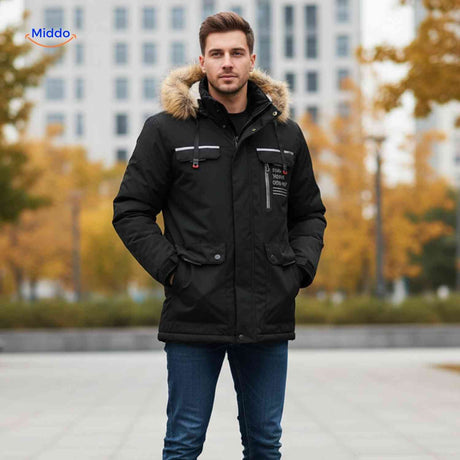 NordGuard schwarze winddichte Herren-Winterparka mit Kapuze und Reflexstreifen