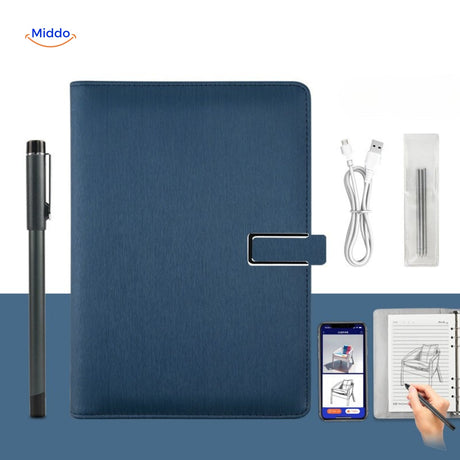 NoteSync Smart Pen in dunkelblauem Leder Notizbuch USB-Stift – jetzt auf www.middo.de erhältlich!