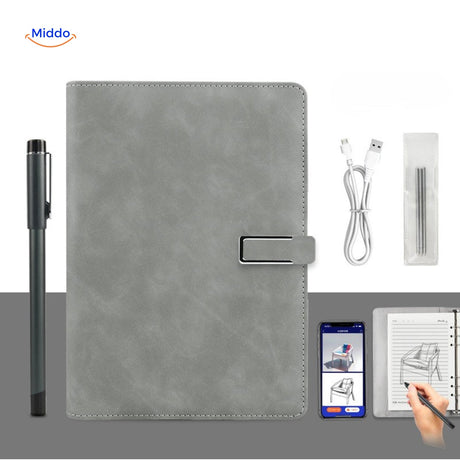 NoteSync Smart Pen in grauem Leder mit Notizbuch und USB-Stift – www.middo.de