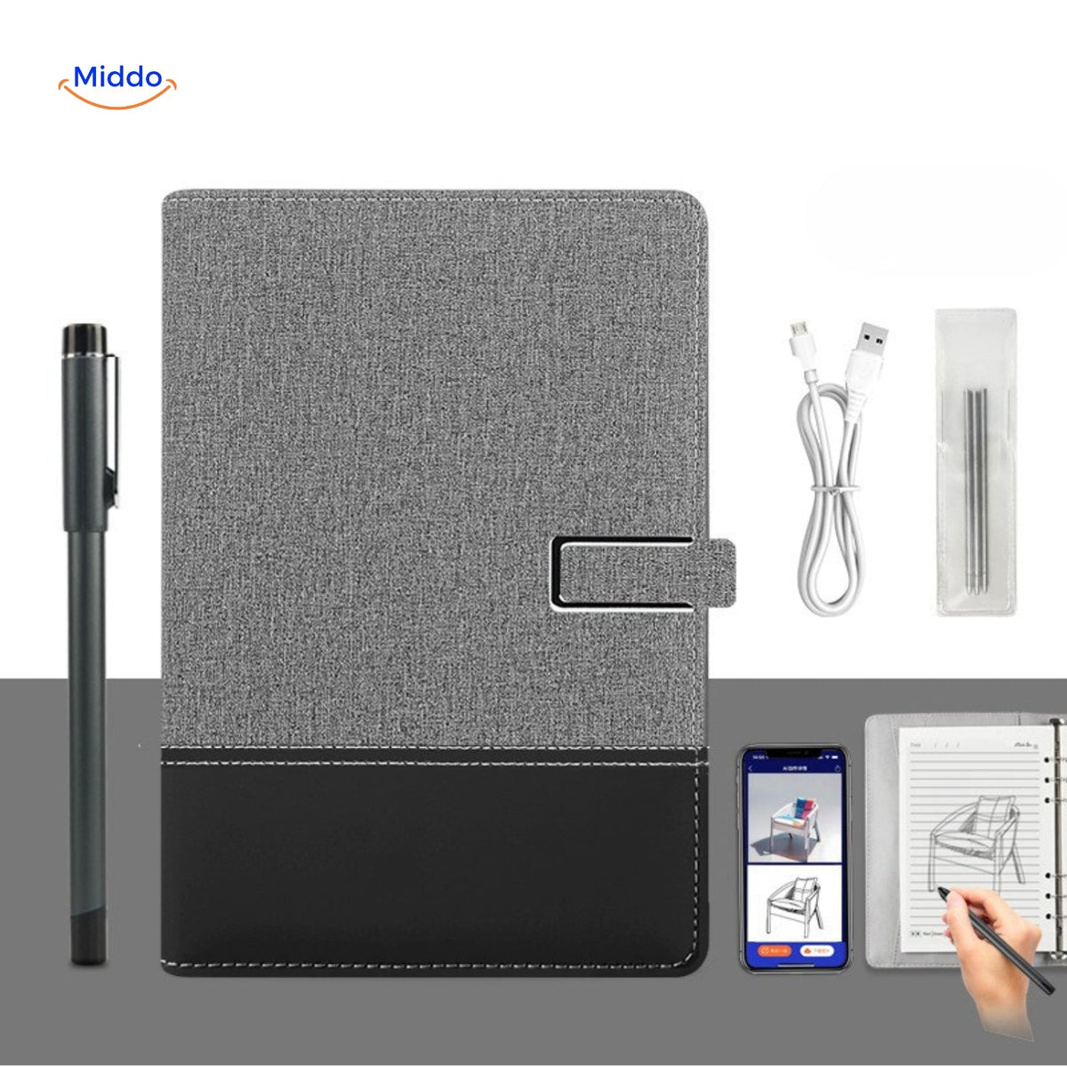 NoteSync Smart Pen in Grau und Schwarz mit Notizbuch und USB-Stift - www.middo.de