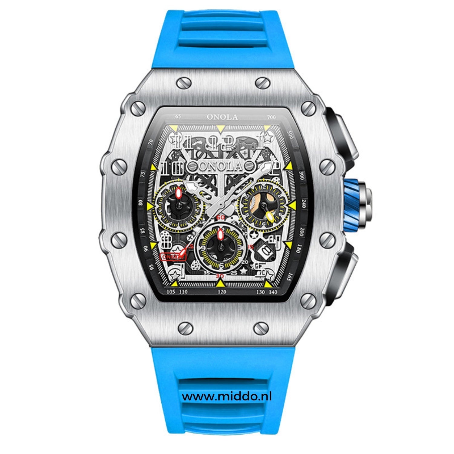ONOLA Uhr in Silber mit blauer Silikonband.