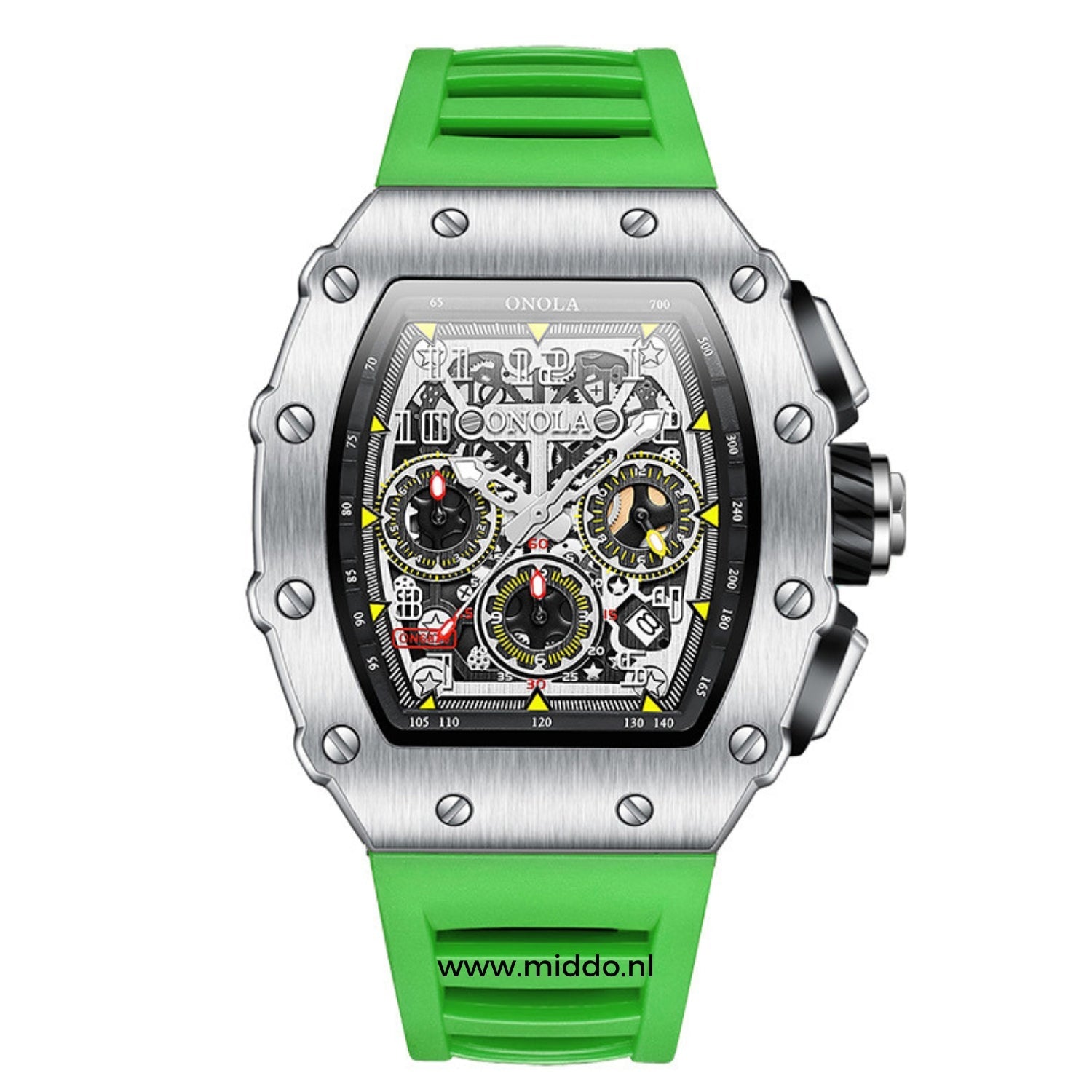 ONOLA Uhr in Silber mit grünem Silikonarmband.