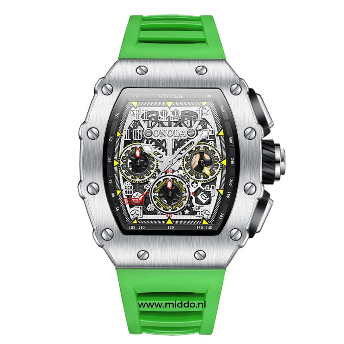 ONOLA Uhr in Silber mit grünem Silikonarmband