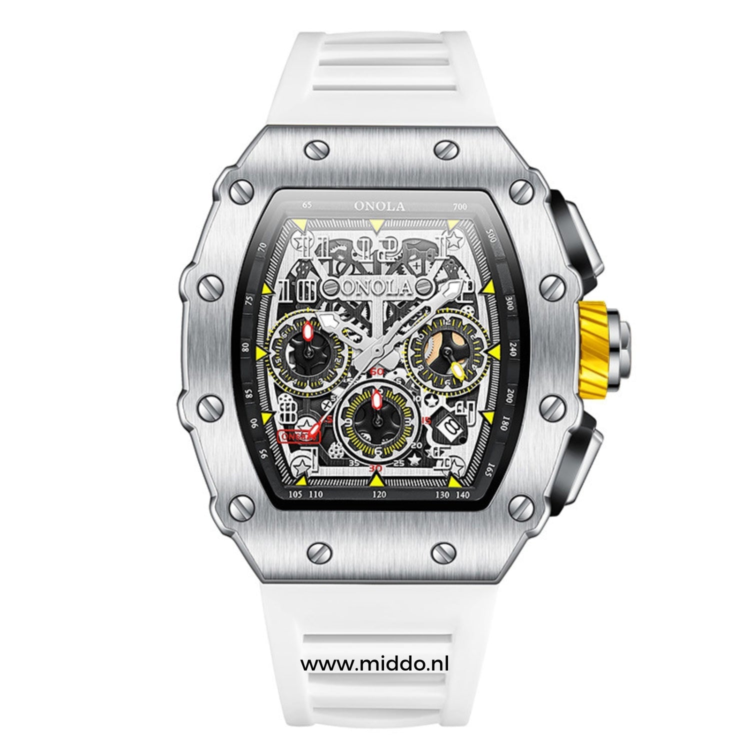 ONOLA Uhr in Silber mit weißem Silikonarmband.