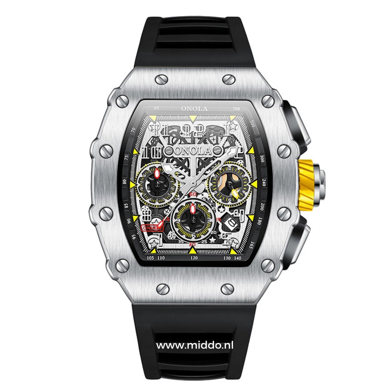 ONOLA Uhr in Silber mit schwarzem Silikonband.