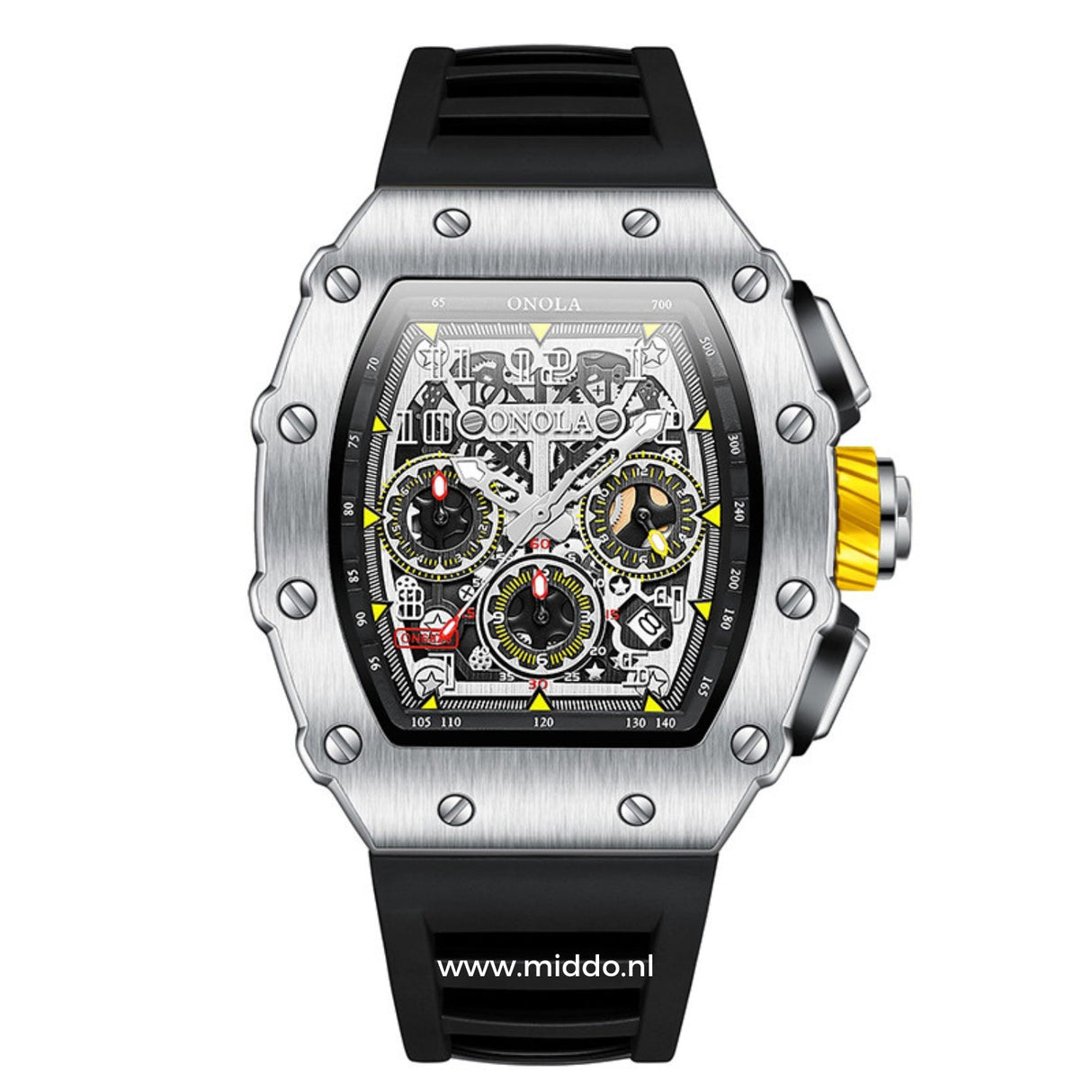 ONOLA Uhr in Silber mit schwarzem Silikonband