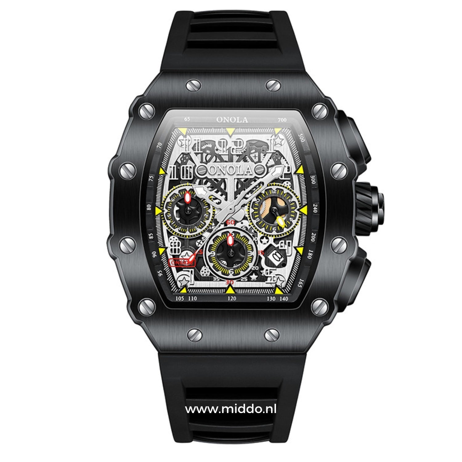 ONOLA-Uhr mit schwarzem Armband und detailliertem Zifferblatt