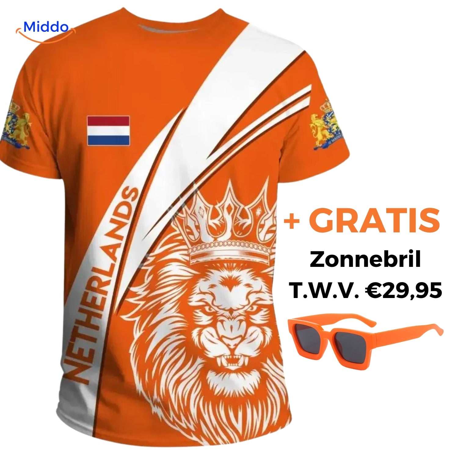 Option 2 orange T-Shirt mit gratis Die Oranje Sonnenbrille www.middo.nl