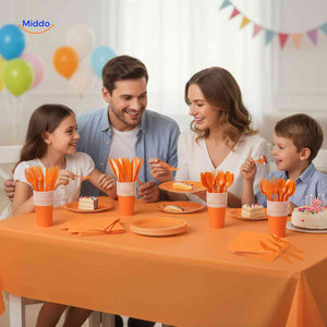 PartyLux Tellerset Partytisch Einweg Geschirr Teller Becher Besteck orange www.middo.de