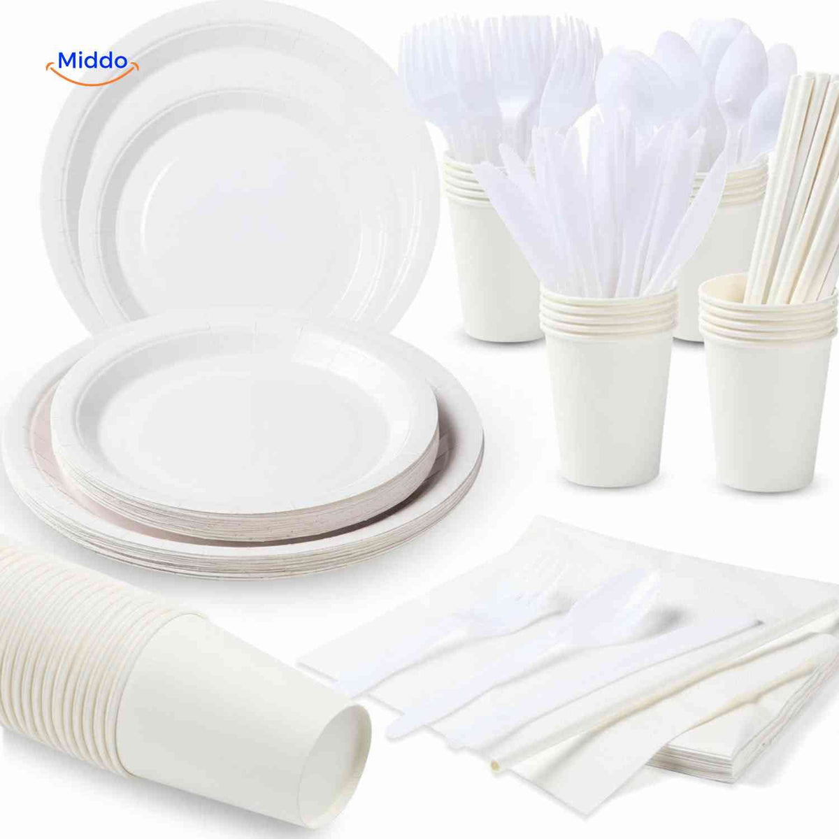 PartyLux Tellerset Einwegteller Becher Besteck Geschirrset weiß www.middo.de
