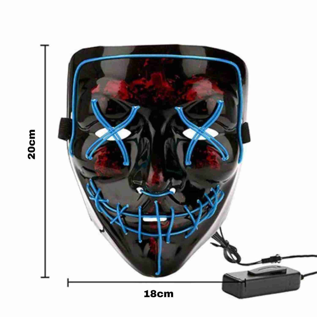 PhantomGlow Maske – Abmessungen des blauen LED-Maskenmodells – www.middo.de