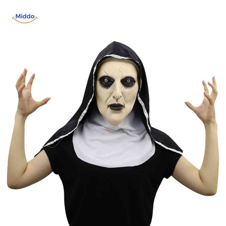 Phantora Nun Maske mit gruseligem Look und erhobenen Händen – verfügbar auf www.middo.de